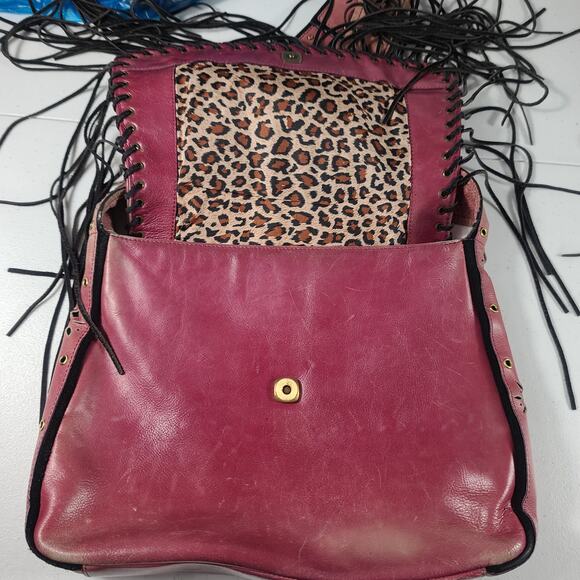 Sharif Studio Red Leather Black Fringe BOHO Hippie Vintage Bag Crossbody Purse - Picture 6 of 7